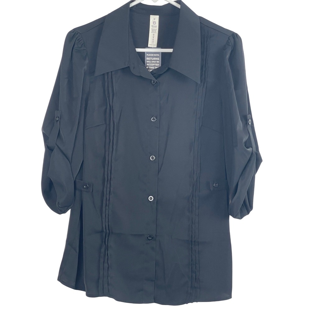 00751 Blooming Jelly Black Button Up Pleated Puff Sleeve Top Shirt Womens Size M - Picture 1 of 8
